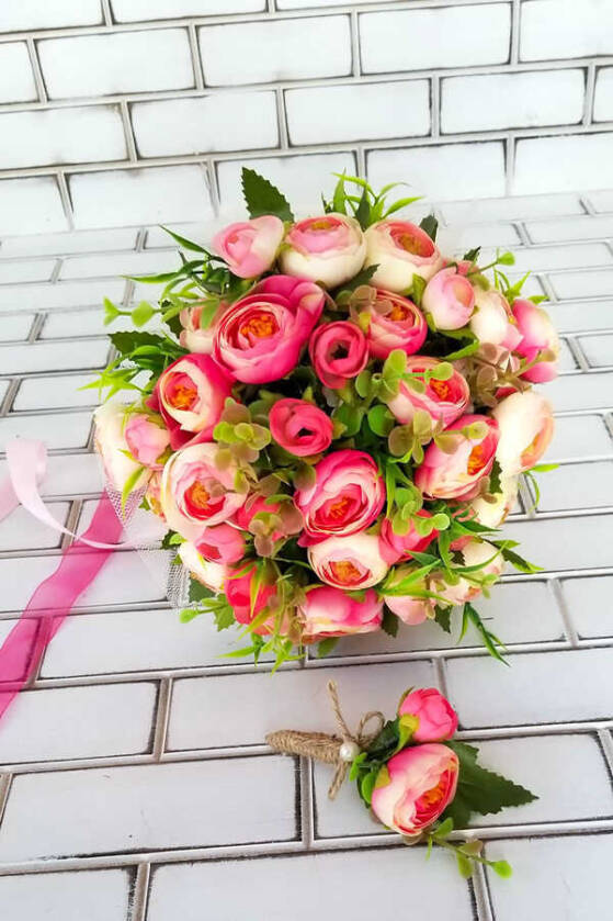 Laomedon Gelin Buketi Şakayık Güller Fuşya 2li Set - 1