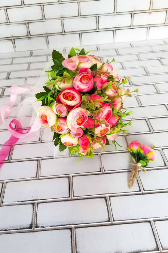 Laomedon Gelin Buketi Şakayık Güller Fuşya 2li Set - 2