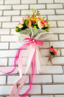 Laomedon Gelin Buketi Şakayık Güller Fuşya 2li Set - 3