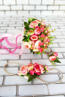 Laomedon Gelin Buketi Şakayık Güller Fuşya 3lü Set - Yapay Çiçek Sitesi