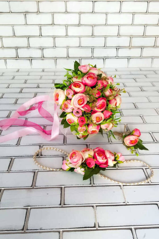 Laomedon Gelin Buketi Şakayık Güller Fuşya 3lü Set - 2