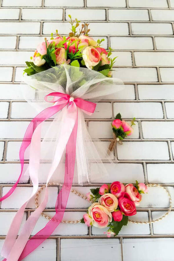 Laomedon Gelin Buketi Şakayık Güller Fuşya 3lü Set - 3