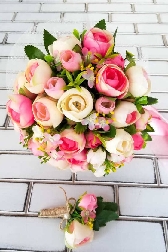 Litvanya Gelin Buketi Şakayık Güller Fuşya 2li Set - 1