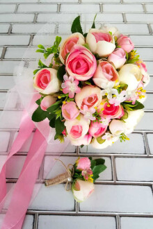 Litvanya Gelin Buketi Şakayık Güller Fuşya 2li Set - 2