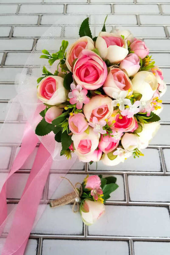 Litvanya Gelin Buketi Şakayık Güller Fuşya 2li Set - 2