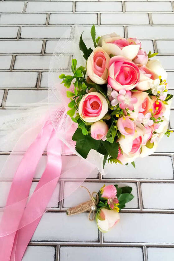 Litvanya Gelin Buketi Şakayık Güller Fuşya 2li Set - 3