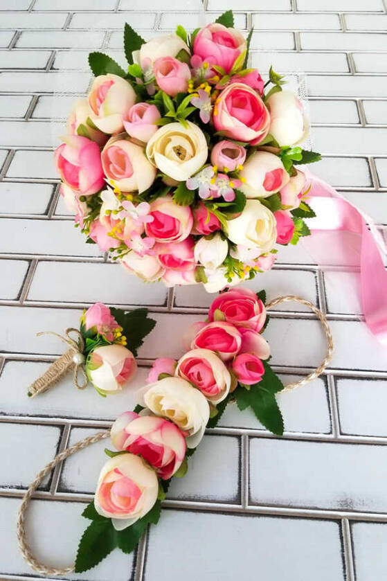 Litvanya Gelin Buketi Şakayık Güller Fuşya 3lü Set - 1