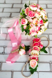 Litvanya Gelin Buketi Şakayık Güller Fuşya 3lü Set - 2