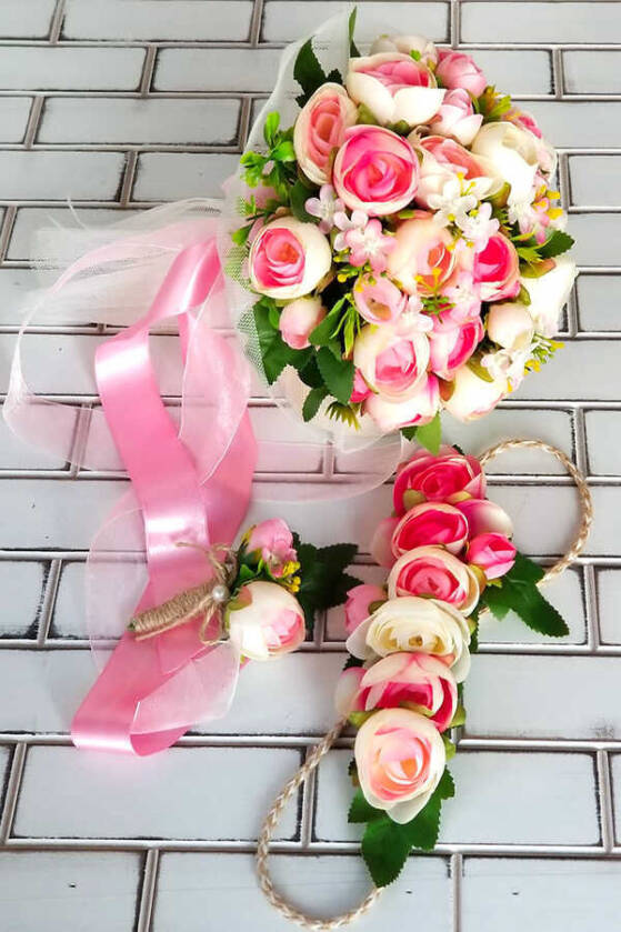 Litvanya Gelin Buketi Şakayık Güller Fuşya 3lü Set - 2