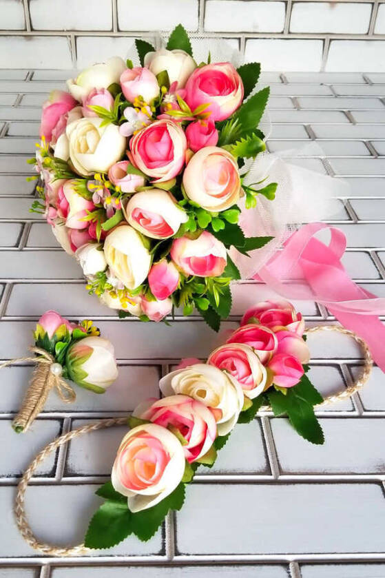 Litvanya Gelin Buketi Şakayık Güller Fuşya 3lü Set - 3