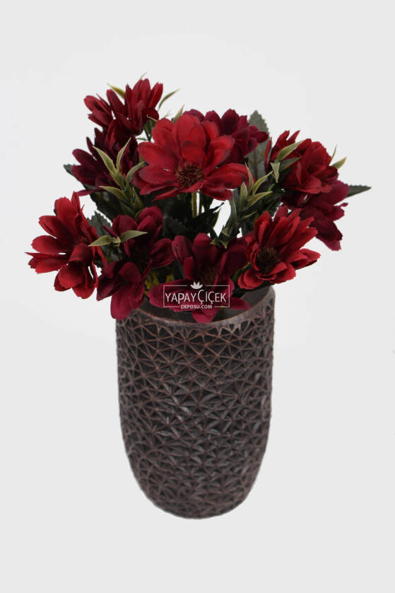 Lüx Beton Retro Tombul Vazoda Yapay Papatya Dekoru 25 cm Bordo - 1