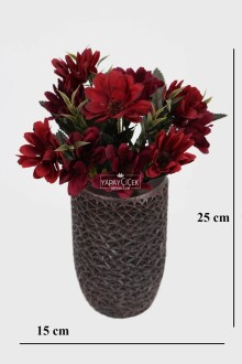Lüx Beton Retro Tombul Vazoda Yapay Papatya Dekoru 25 cm Bordo - 2