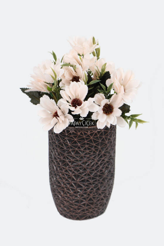Lüx Beton Retro Tombul Vazoda Yapay Papatya Dekoru 25 cm Krem - 1