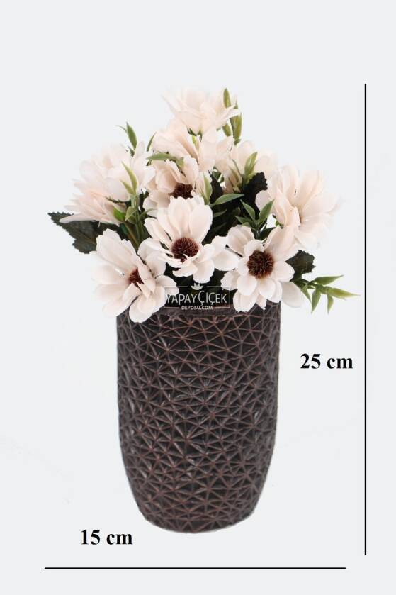 Lüx Beton Retro Tombul Vazoda Yapay Papatya Dekoru 25 cm Krem - 2