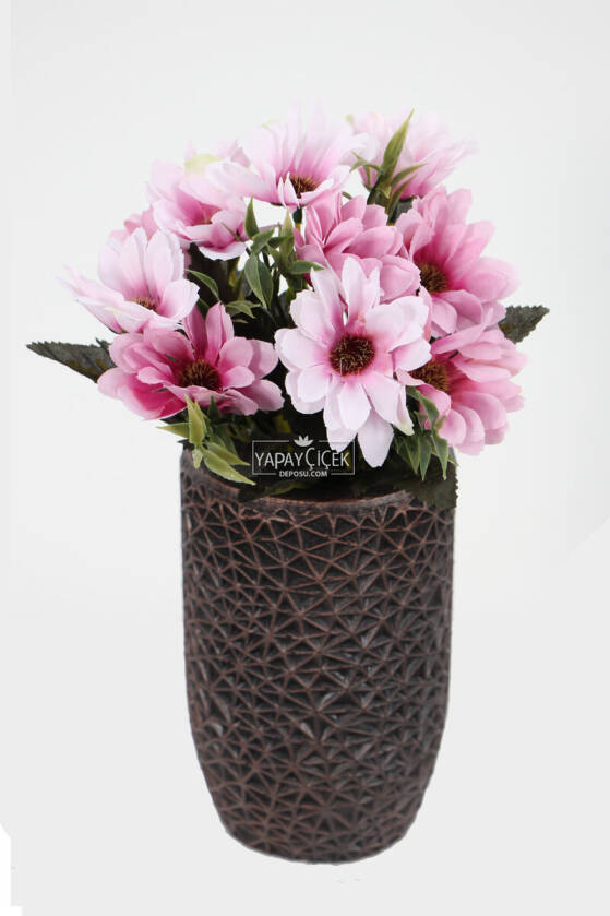 Lüx Beton Retro Tombul Vazoda Yapay Papatya Dekoru 25 cm Lila-Pudra - 1