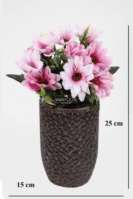 Lüx Beton Retro Tombul Vazoda Yapay Papatya Dekoru 25 cm Lila-Pudra - 2