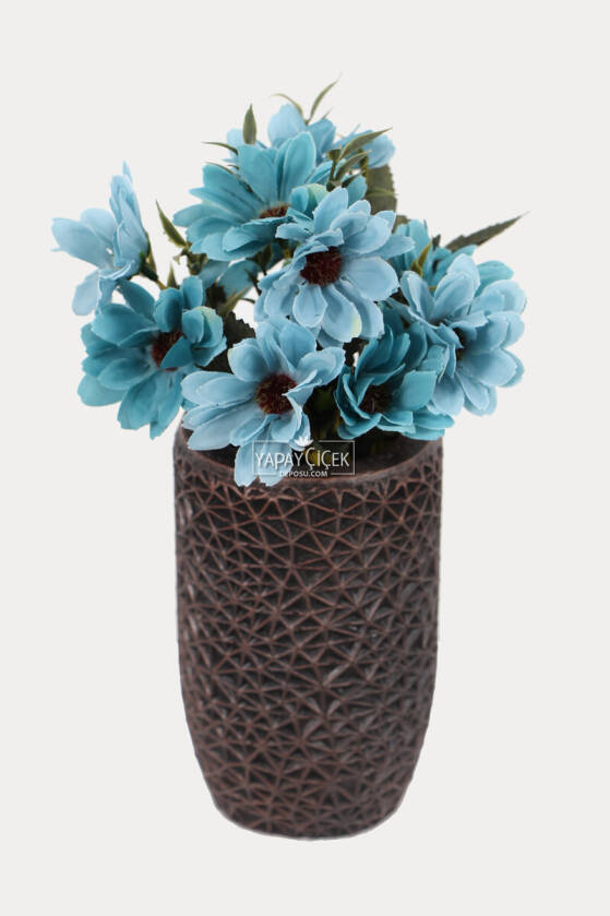 Lüx Beton Retro Tombul Vazoda Yapay Papatya Dekoru 25 cm Mavi - 1