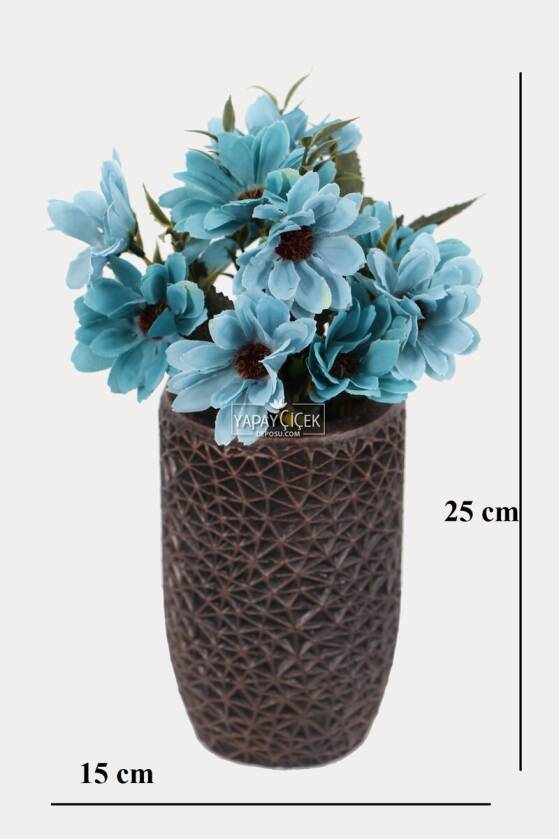 Lüx Beton Retro Tombul Vazoda Yapay Papatya Dekoru 25 cm Mavi - 2
