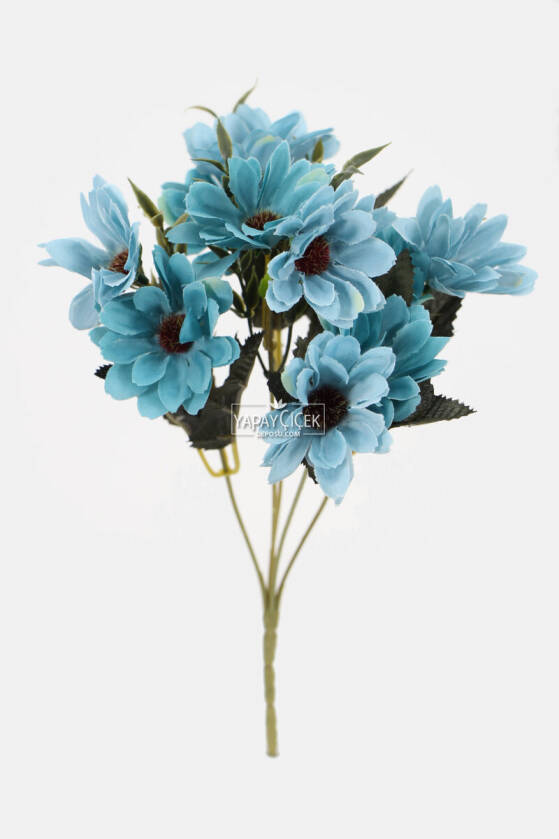 Lüx Beton Retro Tombul Vazoda Yapay Papatya Dekoru 25 cm Mavi - 3