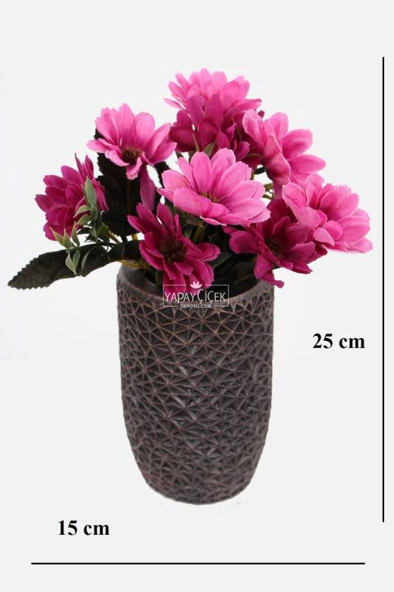 Lüx Beton Retro Tombul Vazoda Yapay Papatya Dekoru 25 cm Mor-Pembe - 2