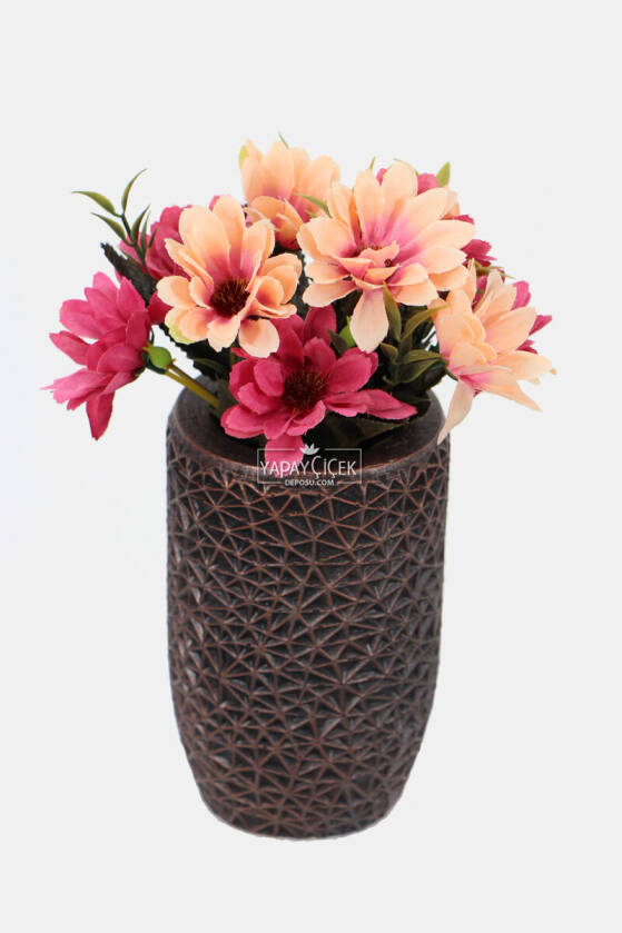 Lüx Beton Retro Tombul Vazoda Yapay Papatya Dekoru 25 cm Somon-Fuşya - 1