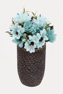 Lüx Beton Retro Tombul Vazoda Yapay Papatya Dekoru 25 cm Turkuaz - Yapay Çiçek Sitesi