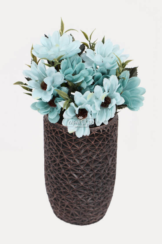 Lüx Beton Retro Tombul Vazoda Yapay Papatya Dekoru 25 cm Turkuaz - 1