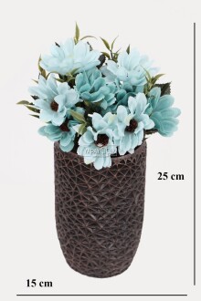 Lüx Beton Retro Tombul Vazoda Yapay Papatya Dekoru 25 cm Turkuaz - 2