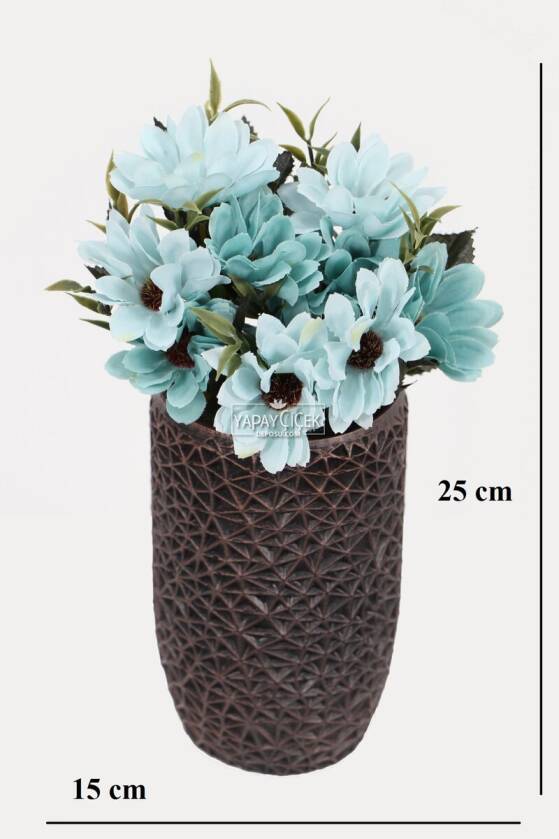 Lüx Beton Retro Tombul Vazoda Yapay Papatya Dekoru 25 cm Turkuaz - 2