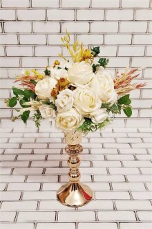 Merlin Beyaz Şakayık Güller ve Kuru Çiçek Şöleni Dekor Kız İsteme Hediyelik Aranjman Beyaz Sarı - 4