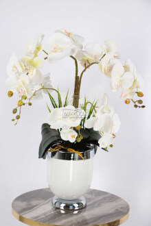 Metal Beyaz-Gümüş Saksıda Lüx 6lı Orkide Beyaz - Yapay Çiçek Sitesi