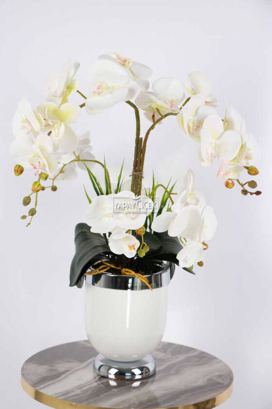 Metal Beyaz-Gümüş Saksıda Lüx 6lı Orkide Beyaz - 1