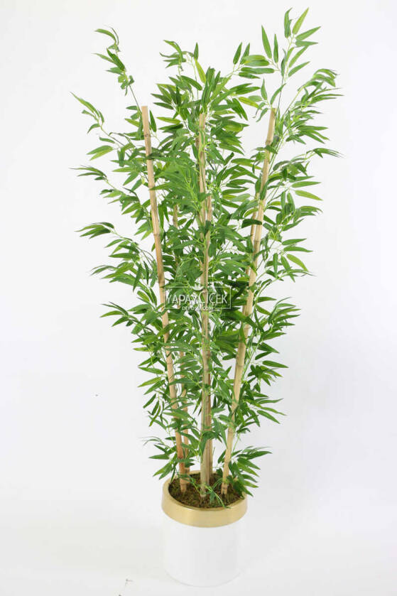 Metal Galvaniz Saksıda Yapay Bambu Ağacı 7 Gövde 180 cm (Beyaz-Gold) - 1