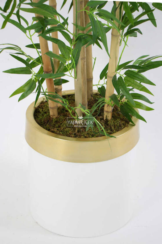 Metal Galvaniz Saksıda Yapay Bambu Ağacı 7 Gövde 180 cm (Beyaz-Gold) - 5