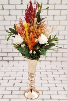 Neda Beyaz Gül Kuru Çiçek Şöleni Dekor Kız İsteme Hediyelik Aranjman Turunculu - Yapay Çiçek Sitesi