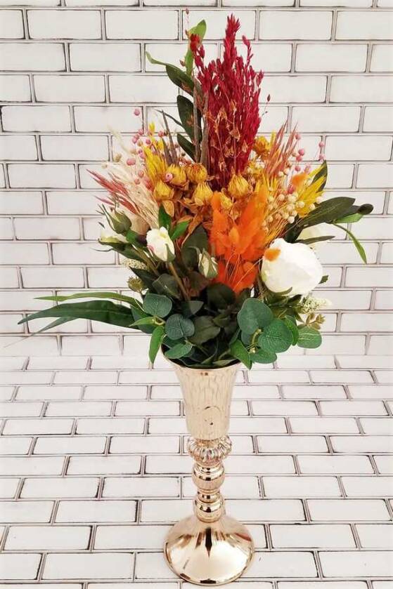 Neda Beyaz Gül Kuru Çiçek Şöleni Dekor Kız İsteme Hediyelik Aranjman Turunculu - 2