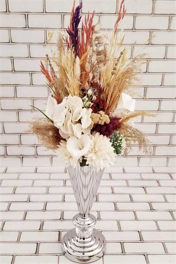 Neda Beyaz Kasımpatı Gala Ortanca Kuru Çiçek Şöleni Dekor Kız İsteme Hediyelik Aranjman Beyaz Bej - 1