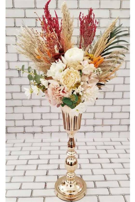 Neda Şakayık Kasımpatı Karanfil Kuru Çiçek Şöleni Dekor Kız İsteme Hediyelik Aranjman Turuncu Bordo Pastel - 1