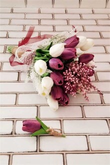 Onesimos Gelin Buketi Beyaz Mor Islak Lale 2li Set - Yapay Çiçek Sitesi