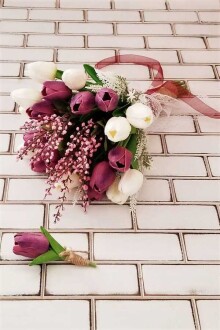 Onesimos Gelin Buketi Beyaz Mor Islak Lale 2li Set - 2