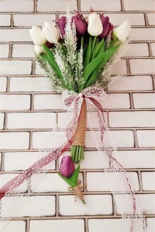 Onesimos Gelin Buketi Beyaz Mor Islak Lale 2li Set - 3