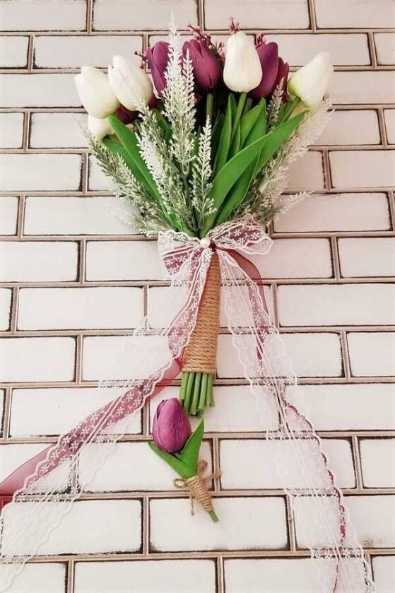 Onesimos Gelin Buketi Beyaz Mor Islak Lale 2li Set - 3