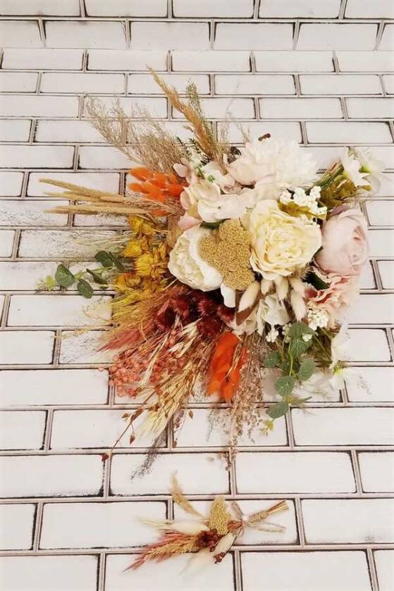 Şakayık Kasımpatı Kuru Çiçek Şöleni Kuay Gelin Buketi Beyaz-Bej 2li Set - 1