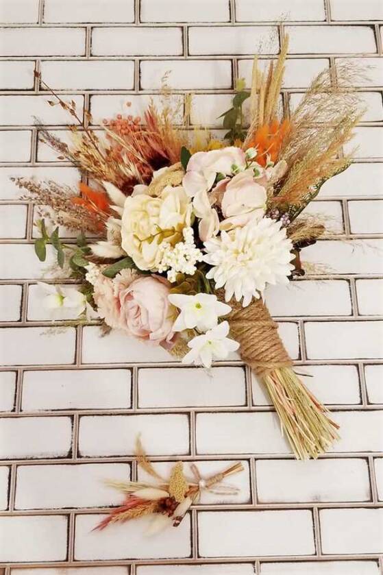 Şakayık Kasımpatı Kuru Çiçek Şöleni Kuay Gelin Buketi Beyaz-Bej 2li Set - 2