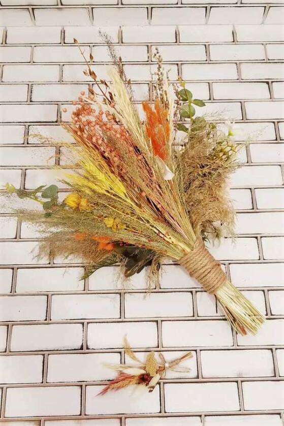 Şakayık Kasımpatı Kuru Çiçek Şöleni Kuay Gelin Buketi Beyaz-Bej 2li Set - 3