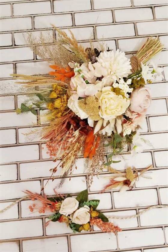 Şakayık Kasımpatı Kuru Çiçek Şöleni Kuay Gelin Buketi Beyaz-Bej 3lü Set - 1