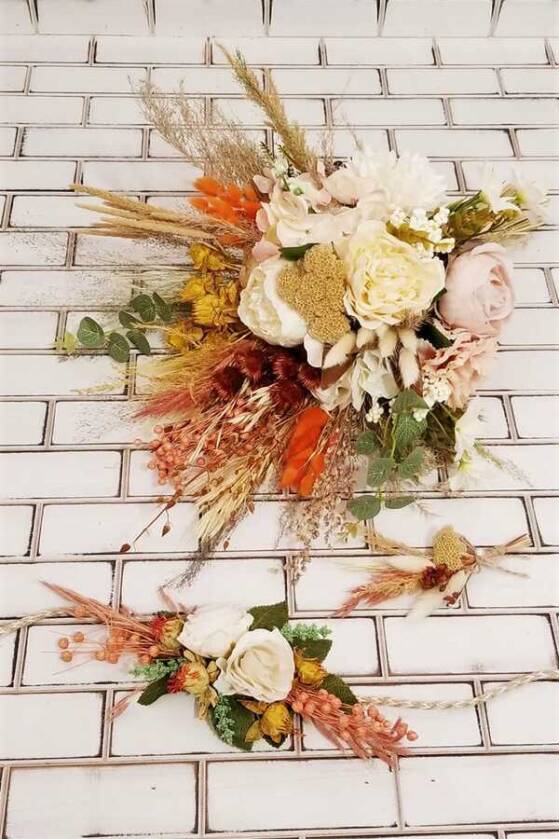 Şakayık Kasımpatı Kuru Çiçek Şöleni Kuay Gelin Buketi Beyaz-Bej 3lü Set - 2