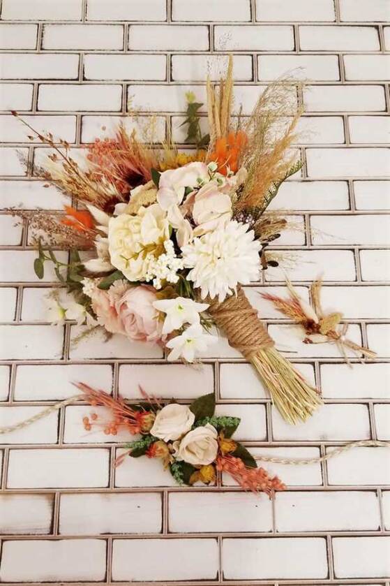 Şakayık Kasımpatı Kuru Çiçek Şöleni Kuay Gelin Buketi Beyaz-Bej 3lü Set - 3