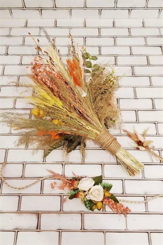 Şakayık Kasımpatı Kuru Çiçek Şöleni Kuay Gelin Buketi Beyaz-Bej 3lü Set - 4