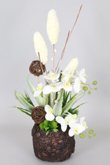 Vintage Kabartmalı Saksıda Yapay 12 Kandilli Orkide 57 cm Beyaz - Yapay Çiçek Sitesi